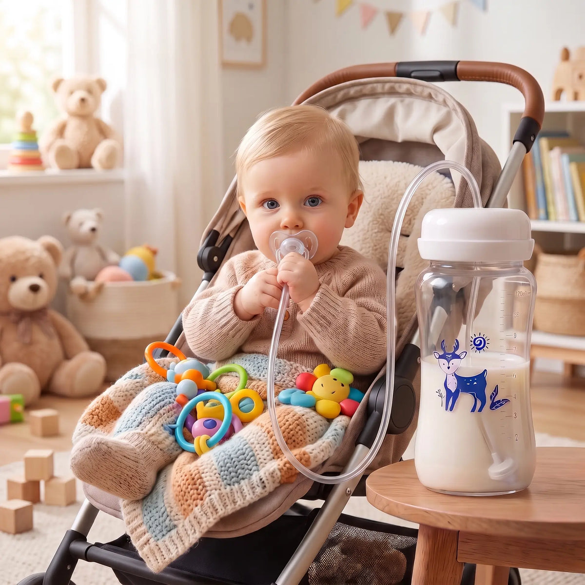 Baby trinkt über den weichen Trinkschlauch