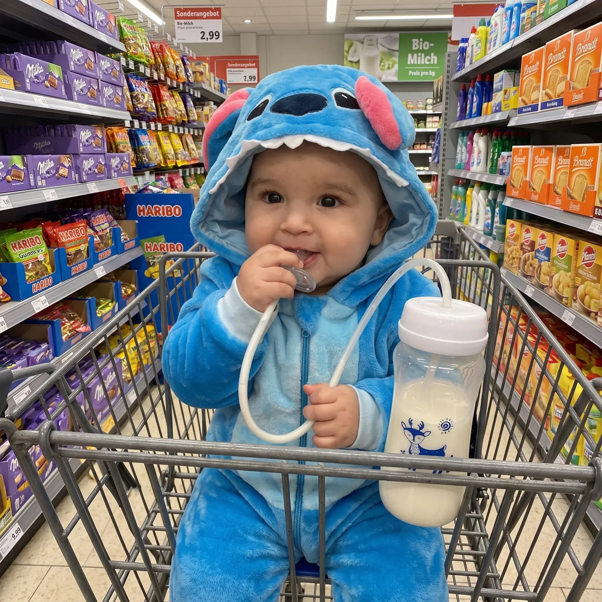 Baby im Einkaufswagen mit Nuuvoo Flasche
