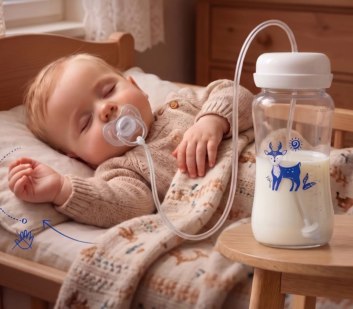 Baby trinkt aus der Nuuvoo Freihand-Flasche mit Trinkschlauch